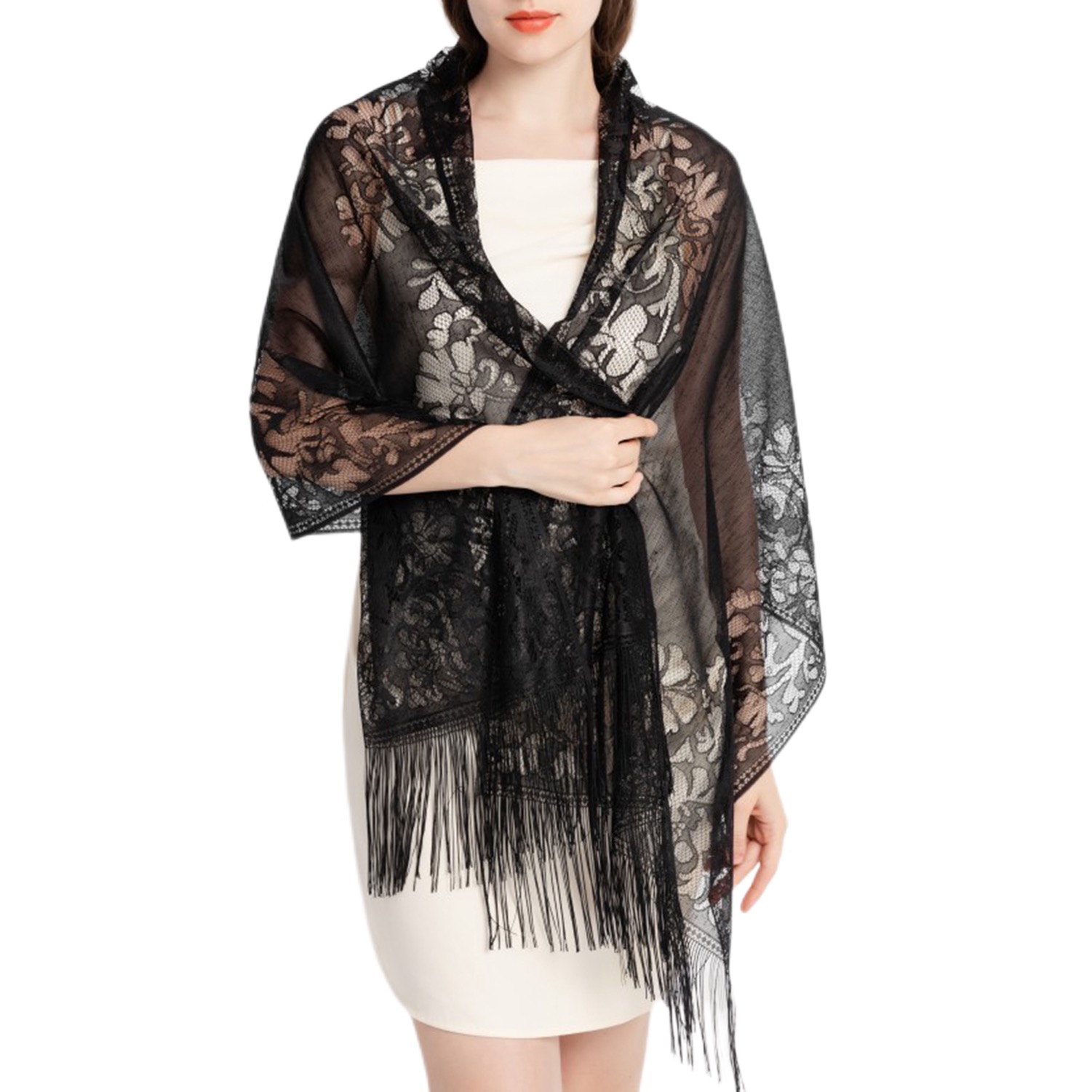 SWSMCLT Women's Lace Fringe Wrap Scarf for Evening Dresses Satin Shawl and Wraps Pashmina Wedding Bridal Party Elegant Soft Scarves Black One Size